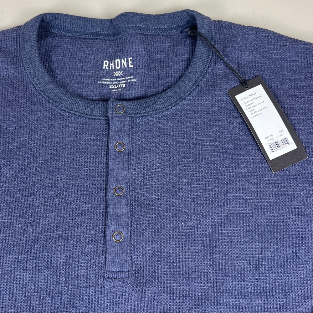 Rhone Men's Cotton Poly Waffle Navy Heather Long Sleeve Henley NWT - Picture 4 of 10